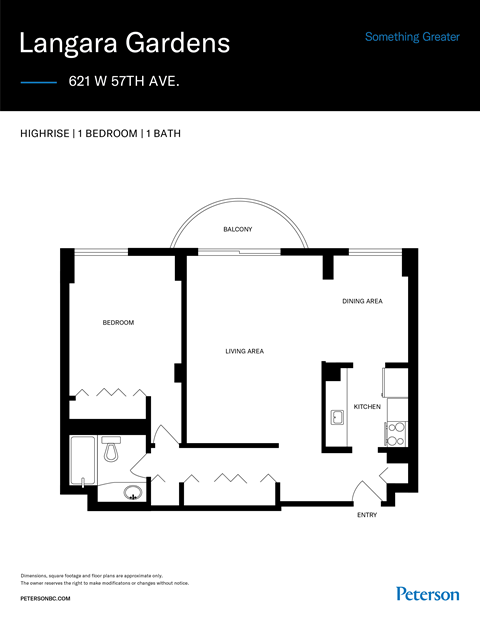 Floor plan for 1 bed, 1 bath, 825 sqft